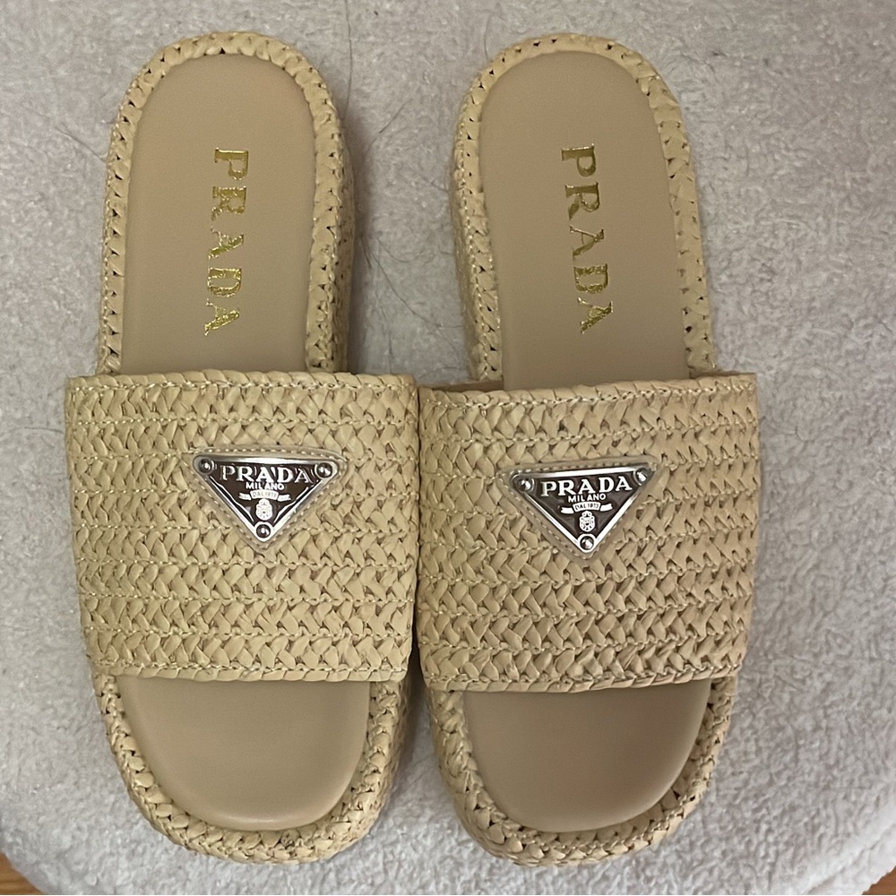Prada Women's Tan Woven Slide Sandals